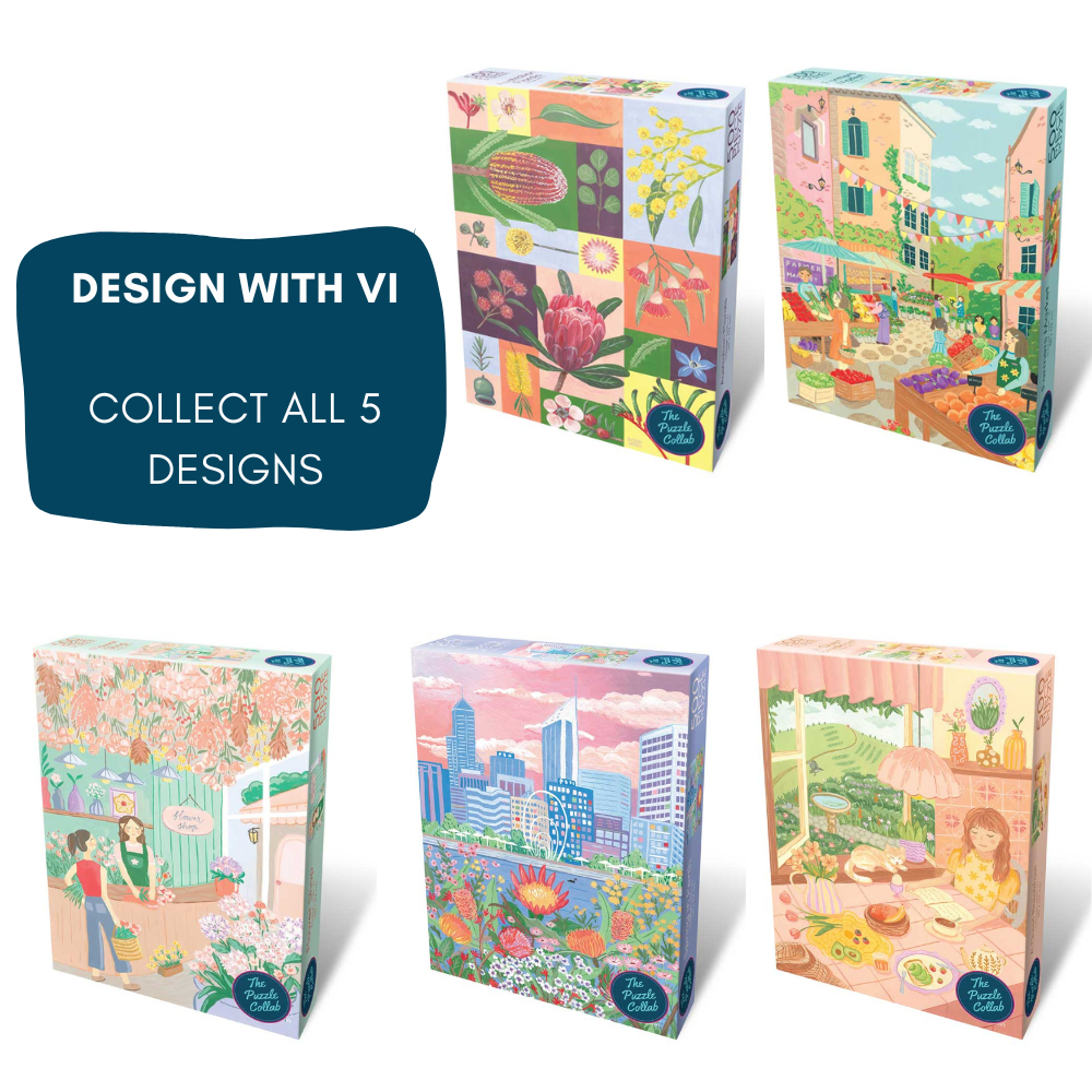 Five illustrated jigsaw puzzle boxes arranged on a white background, with a dark blue badge that reads 'DESIGN WITH VI COLLECT ALL 5 DESIGNS.' The boxes feature colorful whimsical scenes and patterns, including flowers, a garden, a city skyline, and a cozy interior.