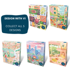 Five illustrated jigsaw puzzle boxes arranged on a white background, with a dark blue badge that reads 'DESIGN WITH VI COLLECT ALL 5 DESIGNS.' The boxes feature colorful whimsical scenes and patterns, including flowers, a garden, a city skyline, and a cozy interior.