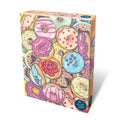 A rectangular jigsaw puzzle box featuring a colourful illustration of assorted donuts and toppings.