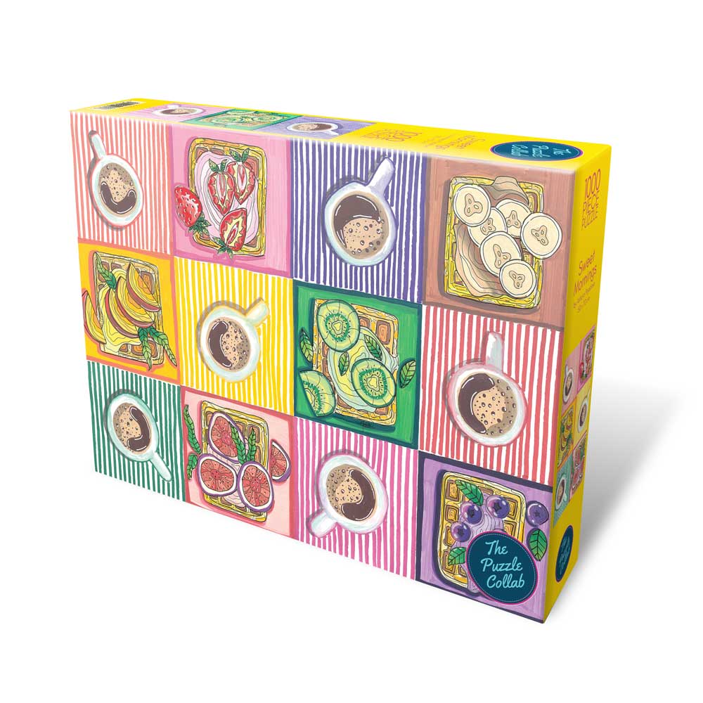 A colorful jigsaw puzzle featuring a 12-piece grid design with illustrated breakfast foods like coffee cups, fruit, and pastries on pastel striped and solid panels.