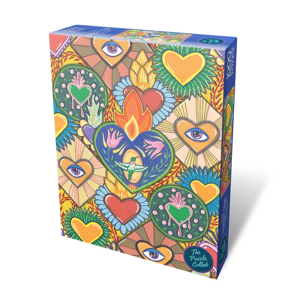 A jigsaw puzzle by Ashara Piyadasa, featuring a vibrant, hand-drawn style illustration of hearts, eyes, and flames in a kaleidoscopic pattern.