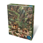 A jigsaw puzzle featuring an illustration of a treehouse library where people gather to do jigsaw puzzles.