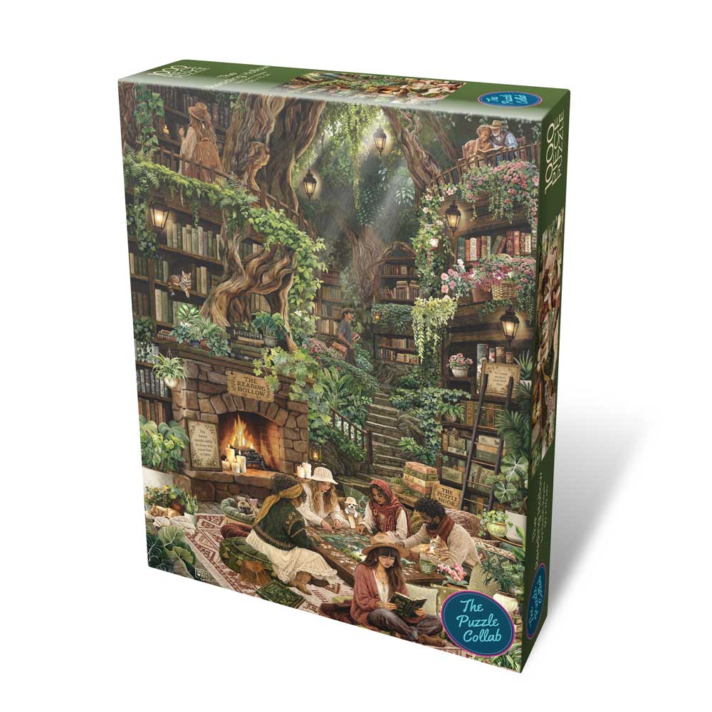 A jigsaw puzzle featuring an illustration of a treehouse library where people gather to do jigsaw puzzles.