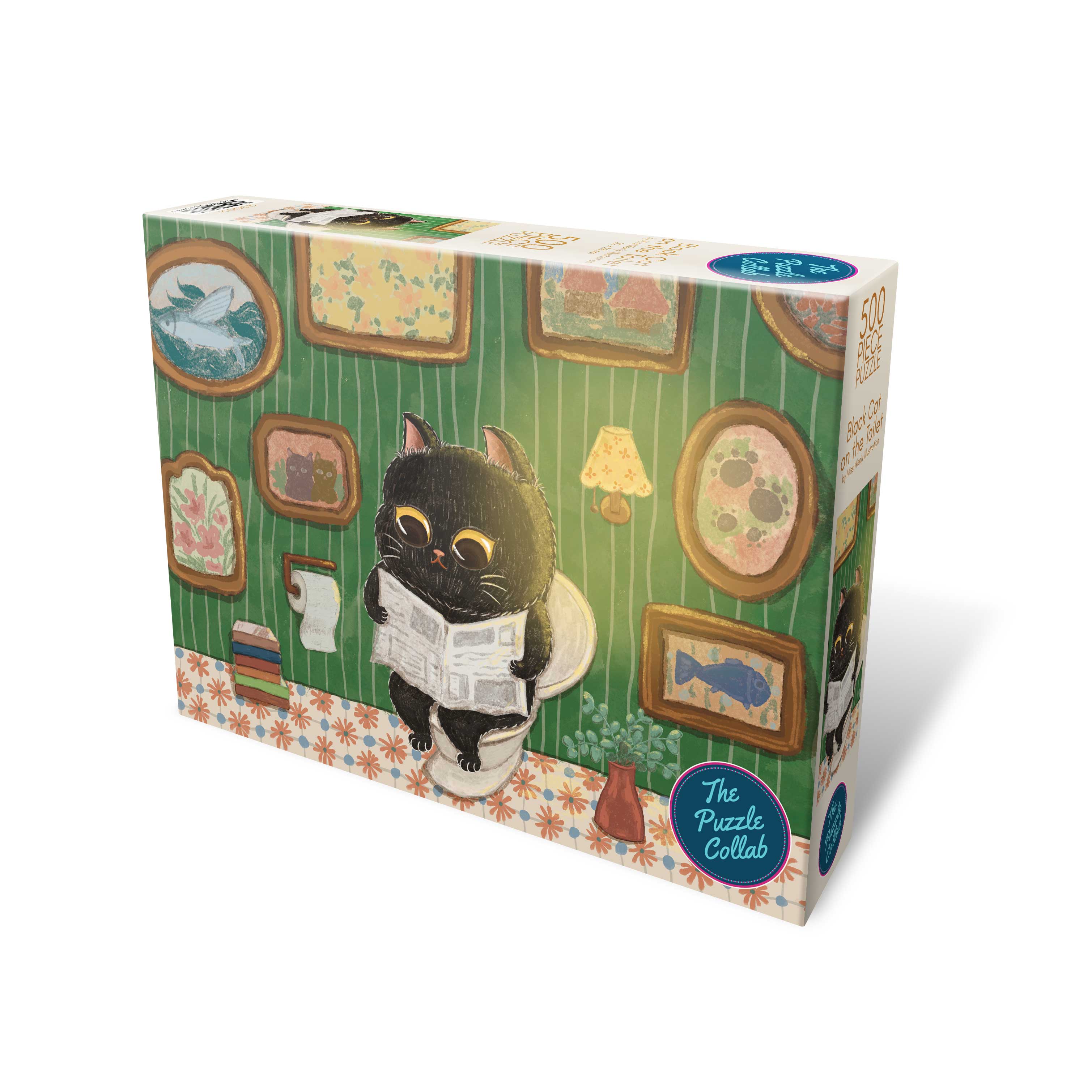 Jigsaw puzzle box with a cat design on a green background