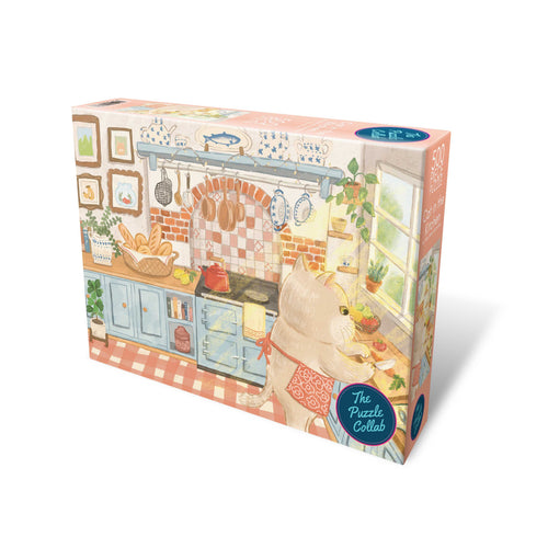 Puzzle box with a cat in a kitchen scene on a white background