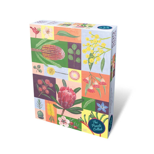 Colorful puzzle box with Australian floral designs 
