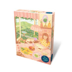 Puzzle box with a colorful illustration of a woman at a table with a garden view.