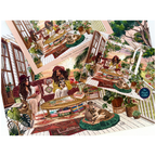 A puzzle, complete with poster and box lid. Showing a bohemian-style verandah with 2 women lounging on a porch with dogs. The artwork is highly detailed, featuring many plants, patterned rugs, colourful furniture, and warm sunset lighting.