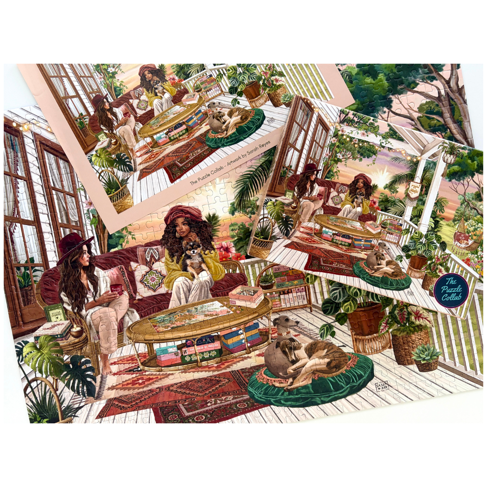 A puzzle, complete with poster and box lid. Showing a bohemian-style verandah with 2 women lounging on a porch with dogs. The artwork is highly detailed, featuring many plants, patterned rugs, colourful furniture, and warm sunset lighting.