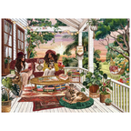 A colourful illustrated scene by artist Sarah Reyes of a porch with two women relaxing with puzzles, surrounded by potted plants, string lights, a hammock, and a sunset sky. 